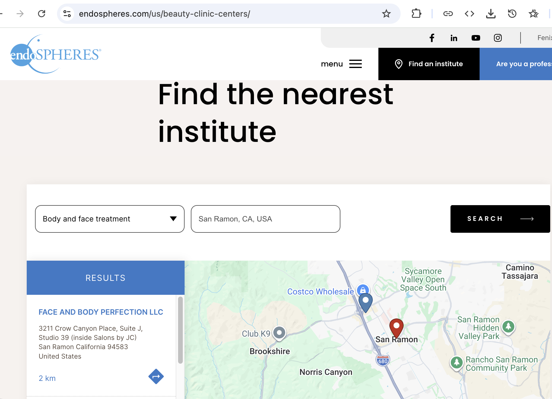 Face and Body Perfection San Ramon listed on the official Endospheres studio directory